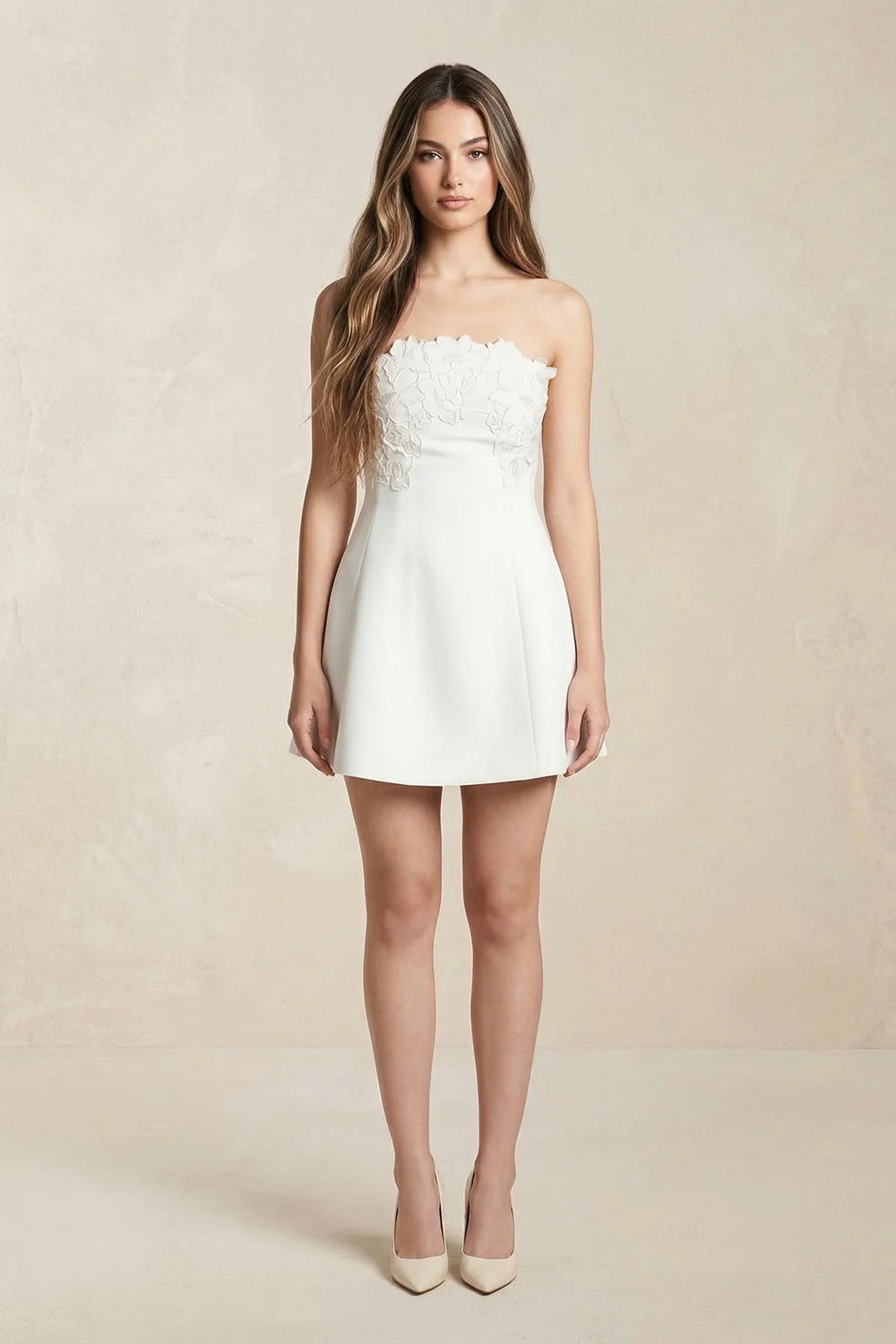 Floral Embroidered Sheath Crepe Mini Wedding Dress in White - SHE IS ME Wedding Dresses
