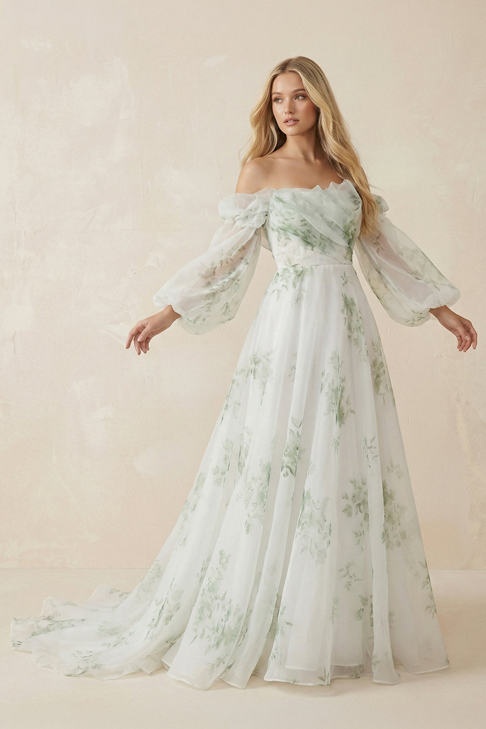 Floral Printed Organza A - Line Off - the - Shoulder Wedding Dress in White - SHE IS ME Wedding Dresses