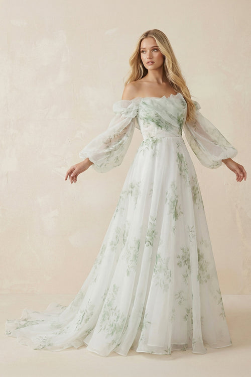 Floral Printed Organza A - Line Off - the - Shoulder Wedding Dress in White - SHE IS ME Wedding Dresses