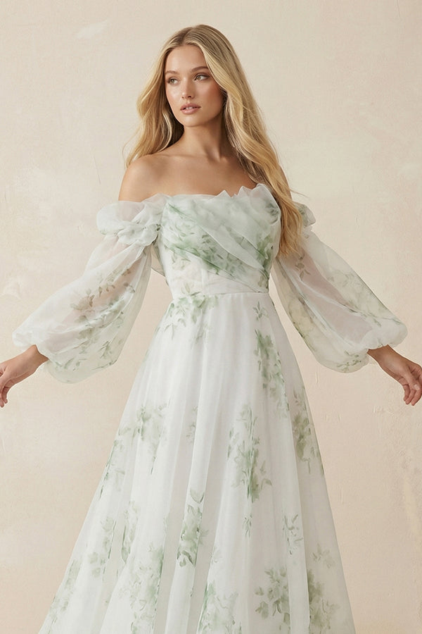 Floral Printed Organza A - Line Off - the - Shoulder Wedding Dress in White - SHE IS ME Wedding Dresses
