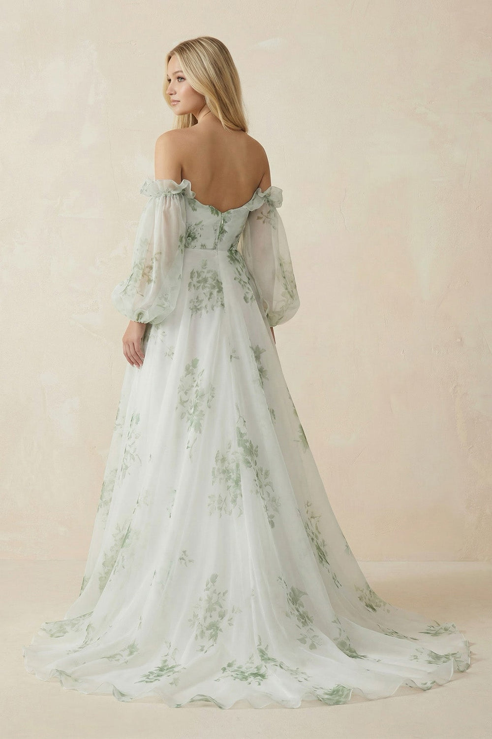 Floral Printed Organza A - Line Off - the - Shoulder Wedding Dress in White - SHE IS ME Wedding Dresses