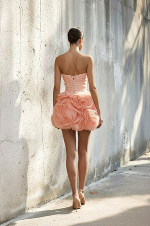 Floral Ruched Strapless Mini Dress in Coral Pink - SHE IS ME