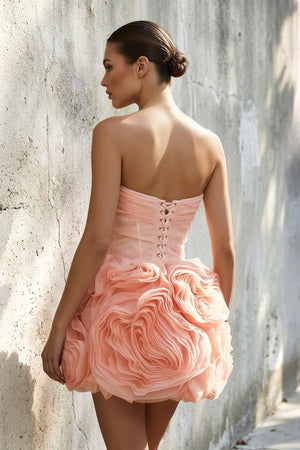 Floral Ruched Strapless Mini Dress in Coral Pink - SHE IS ME