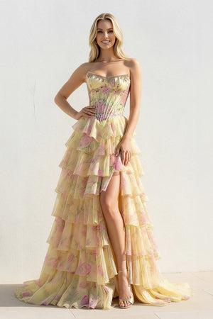 Floral Ruffled Gown With Beading in Yellow - SHE IS ME