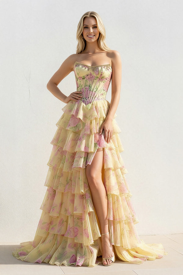 Floral Ruffled Gown With Beading in Yellow - SHE IS ME