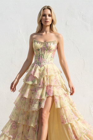 Floral Ruffled Gown With Beading in Yellow - SHE IS ME