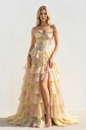Floral Ruffled Gown With Beading in Yellow - SHE IS ME