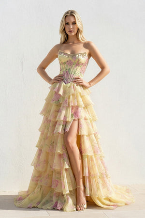 Floral Ruffled Gown With Beading in Yellow - SHE IS ME