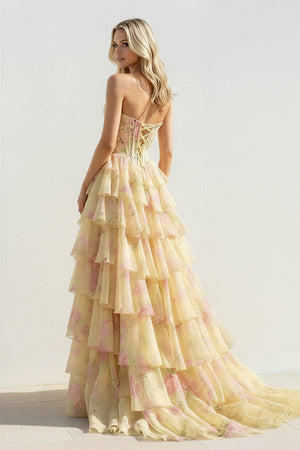 Floral Ruffled Gown With Beading in Yellow - SHE IS ME