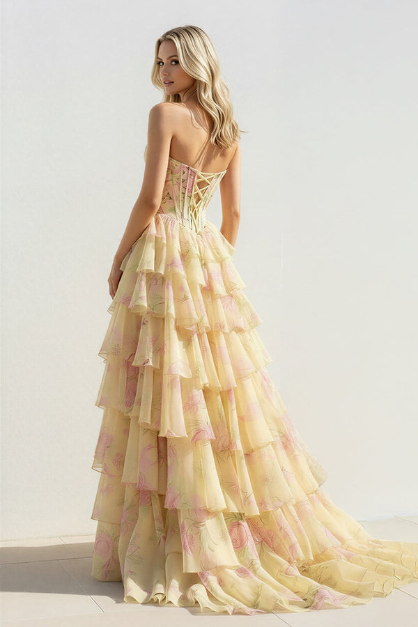 Floral Ruffled Gown With Beading in Yellow - SHE IS ME