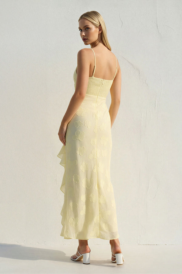 Floral Ruffled Midi Dress in Yellow - SHE IS ME
