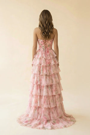 Floral Ruffled Prom Dress With Beading in Pink - SHE IS ME Prom Dresses
