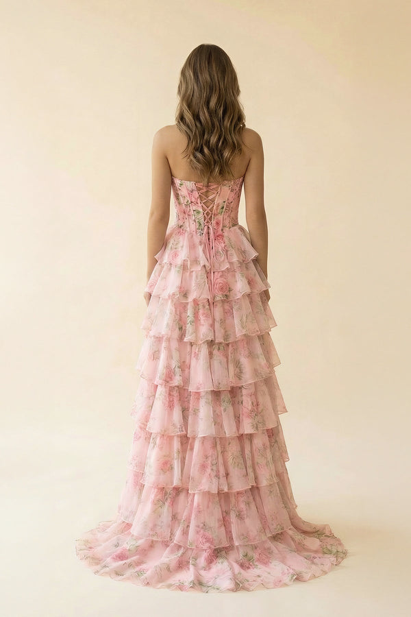 Floral Ruffled Prom Dress With Beading in Pink - SHE IS ME Prom Dresses