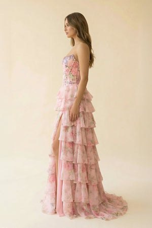 Floral Ruffled Prom Dress With Beading in Pink - SHE IS ME Prom Dresses