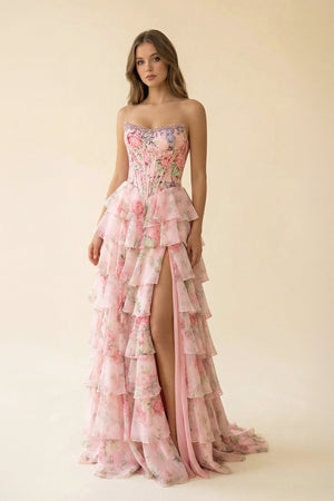 Floral Ruffled Prom Dress With Beading in Pink - SHE IS ME Prom Dresses