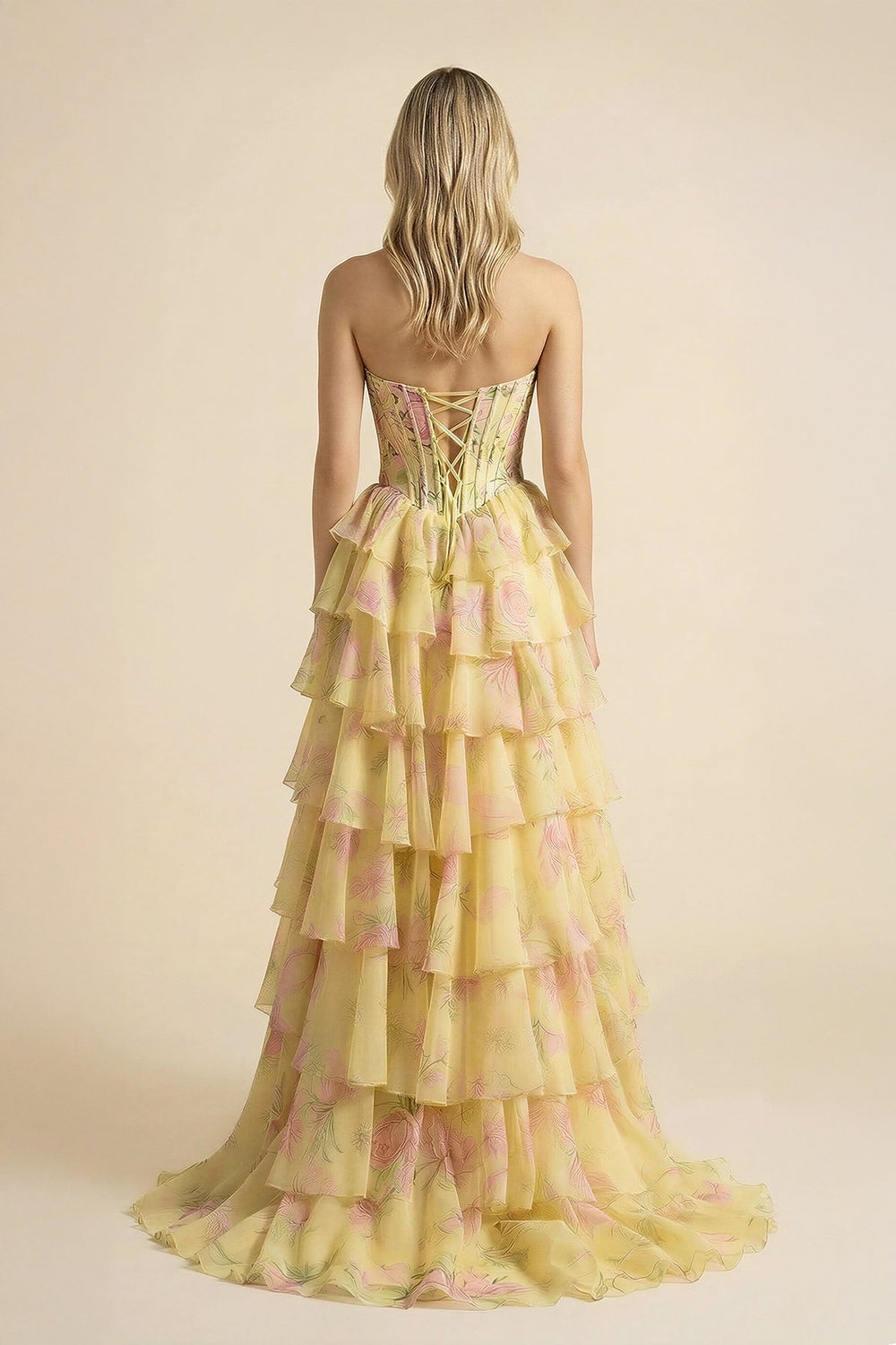 Floral Ruffled Prom Dress With Beading in Yellow - SHE IS ME Prom Dresses