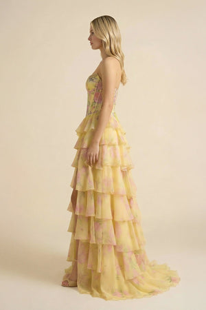 Floral Ruffled Prom Dress With Beading in Yellow - SHE IS ME Prom Dresses