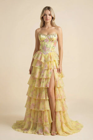 Floral Ruffled Prom Dress With Beading in Yellow - SHE IS ME Prom Dresses