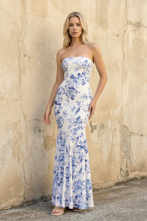 Floral Strapless Mermaid Prom Dress in Blue - SHE IS ME Prom Dresses