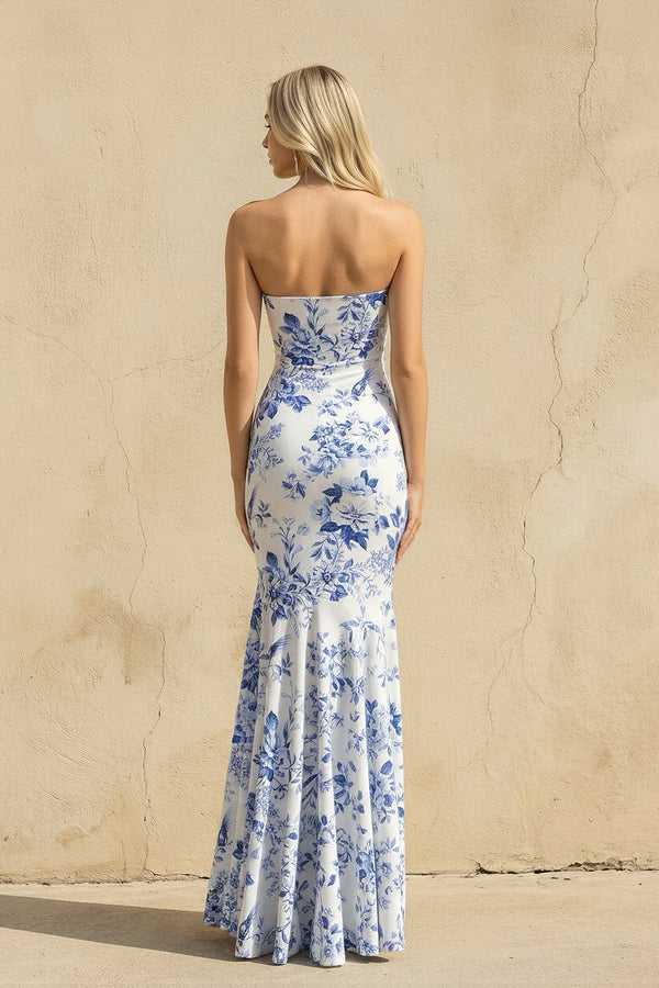 Floral Strapless Mermaid Prom Dress in Blue - SHE IS ME Prom Dresses