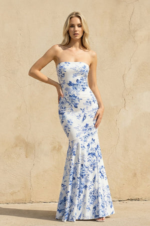 Floral Strapless Mermaid Prom Dress in Blue - SHE IS ME Prom Dresses