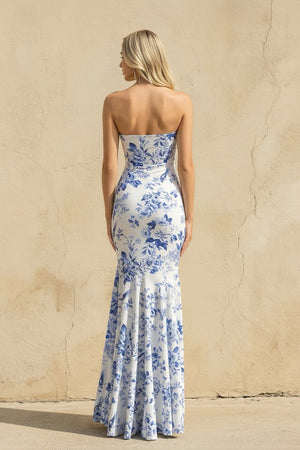 Floral Strapless Mermaid Prom Dress in Blue - SHE IS ME Prom Dresses
