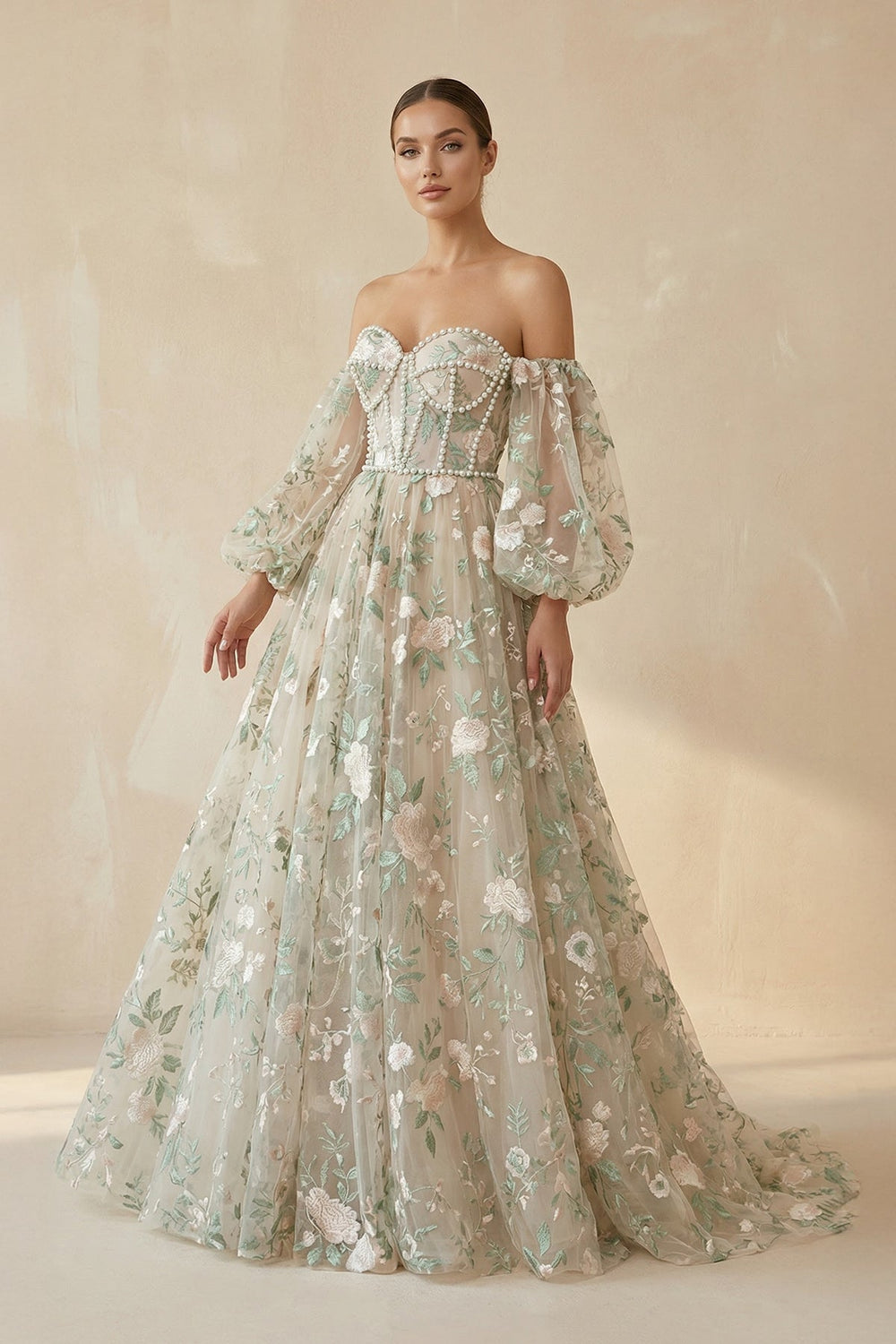 Floral Sweetheart Ball Gown Wedding Dresses in Sage - SHE IS ME Wedding Dresses
