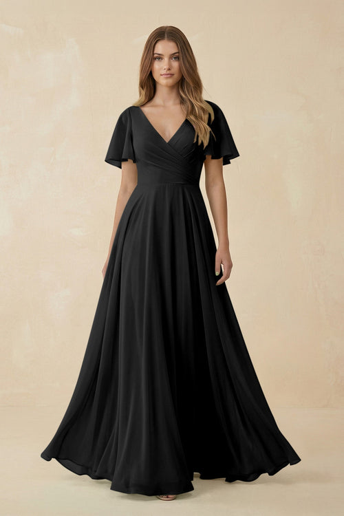 Flutter Sleeve V - Neck Chiffon A - Line Bridesmaid Dress in Black - SHE IS ME Bridesmaid Dresses