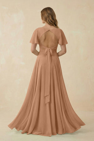 Flutter Sleeve V - Neck Chiffon A - Line Bridesmaid Dress in Bronzer - SHE IS ME Bridesmaid Dresses