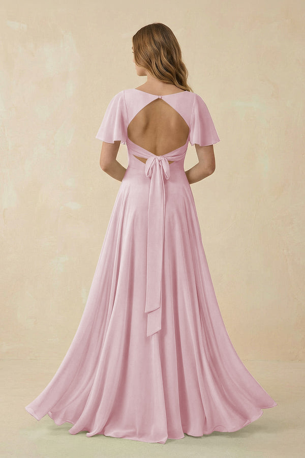 Flutter Sleeve V - Neck Chiffon A - Line Bridesmaid Dress in Candy Pink - SHE IS ME Bridesmaid Dresses