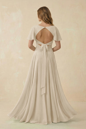 Flutter Sleeve V - Neck Chiffon A - Line Bridesmaid Dress in Champagne - SHE IS ME Bridesmaid Dresses