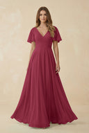 Flutter Sleeve V - Neck Chiffon A - Line Bridesmaid Dress in Desert Rose - SHE IS ME Bridesmaid Dresses