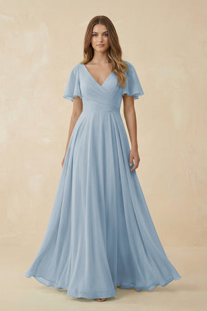 Flutter Sleeve V - Neck Chiffon A - Line Bridesmaid Dress in Dusty Blue - SHE IS ME Bridesmaid Dresses