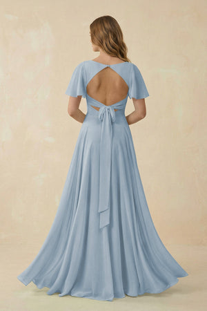Flutter Sleeve V - Neck Chiffon A - Line Bridesmaid Dress in Dusty Blue - SHE IS ME Bridesmaid Dresses