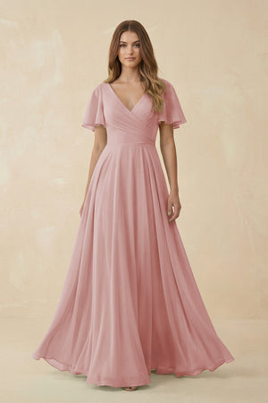 Flutter Sleeve V - Neck Chiffon A - Line Bridesmaid Dress in Dusty Rose - SHE IS ME Bridesmaid Dresses
