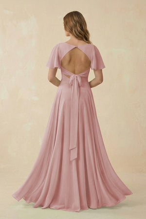 Flutter Sleeve V - Neck Chiffon A - Line Bridesmaid Dress in Dusty Rose - SHE IS ME Bridesmaid Dresses