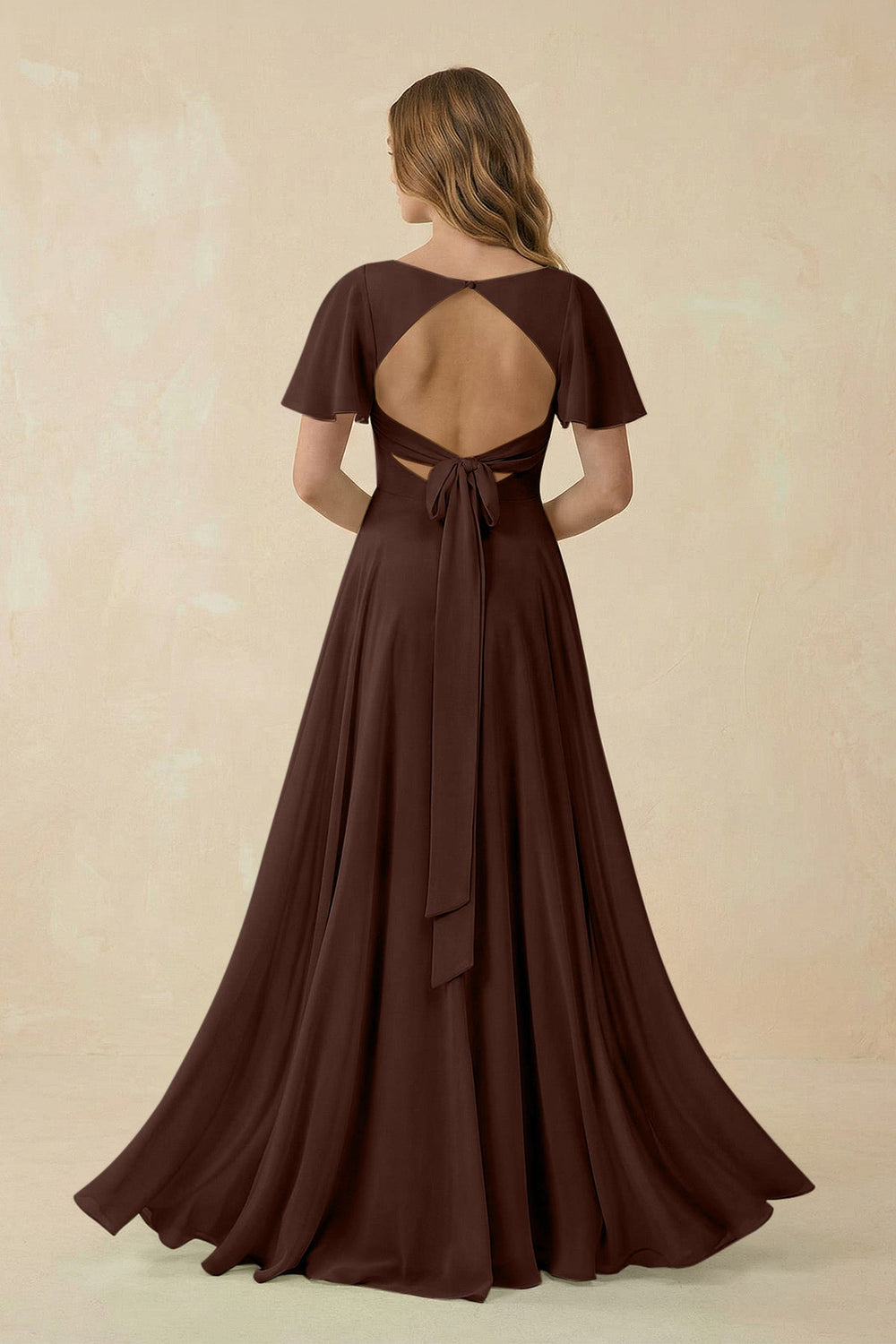 Flutter Sleeve V - Neck Chiffon A - Line Bridesmaid Dress in Espresso - SHE IS ME Bridesmaid Dresses