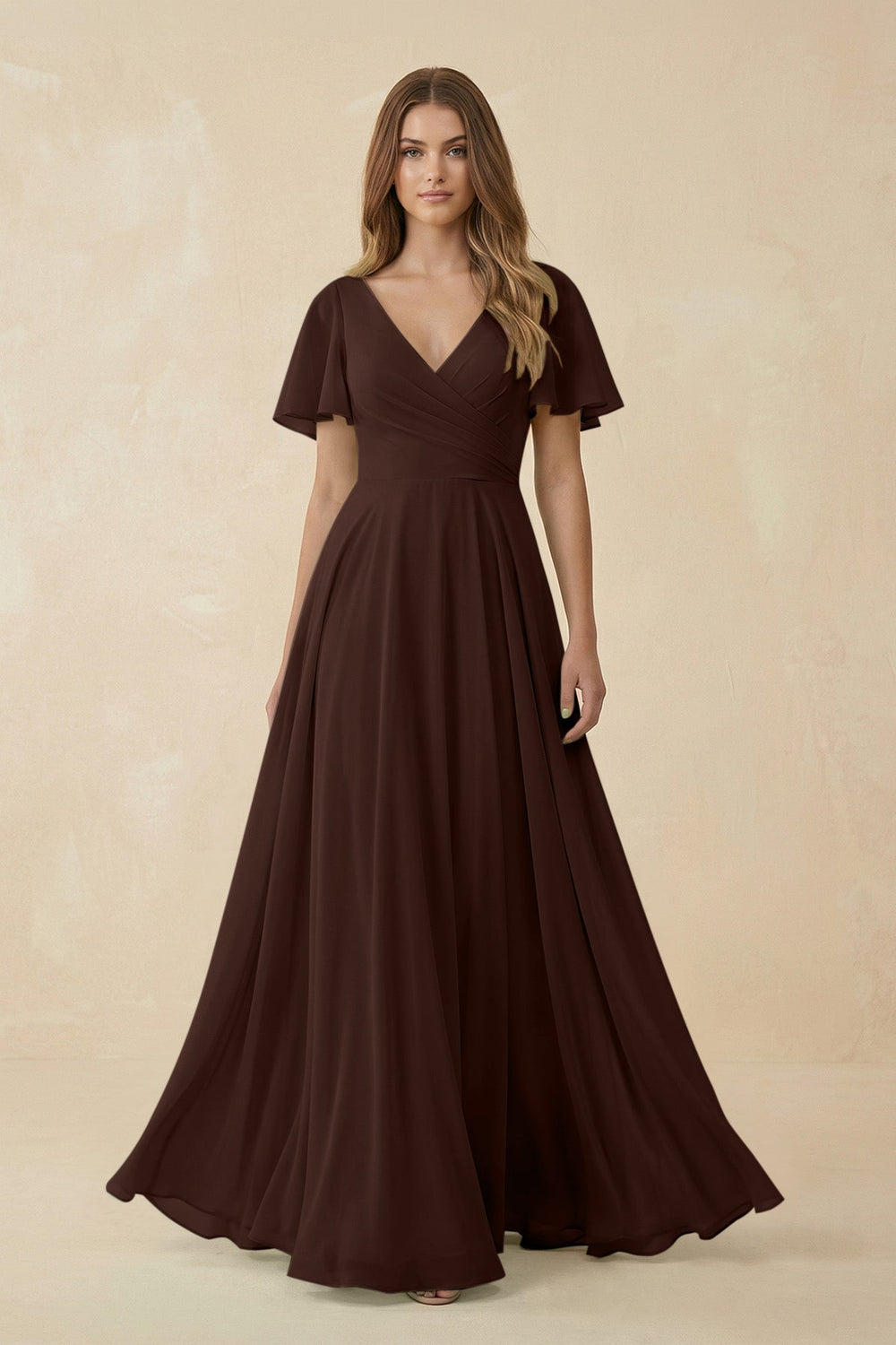 Flutter Sleeve V - Neck Chiffon A - Line Bridesmaid Dress in Espresso - SHE IS ME Bridesmaid Dresses