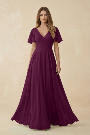 Flutter Sleeve V - Neck Chiffon A - Line Bridesmaid Dress in Fig - SHE IS ME Bridesmaid Dresses