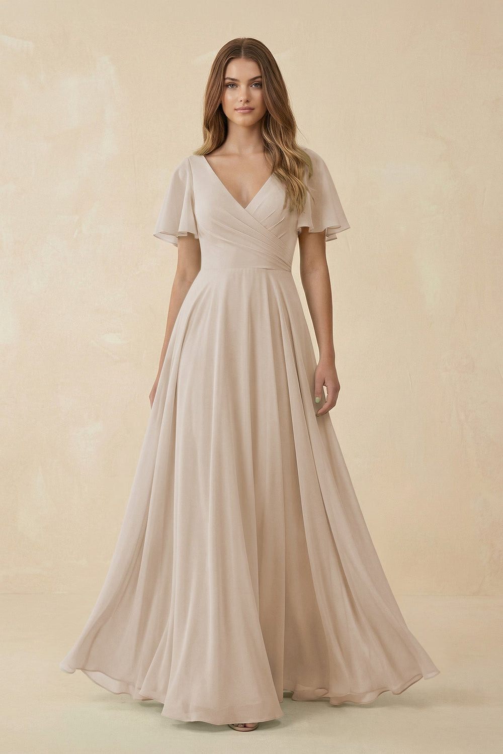 Flutter Sleeve V - Neck Chiffon A - Line Bridesmaid Dress in Frost - SHE IS ME Bridesmaid Dresses