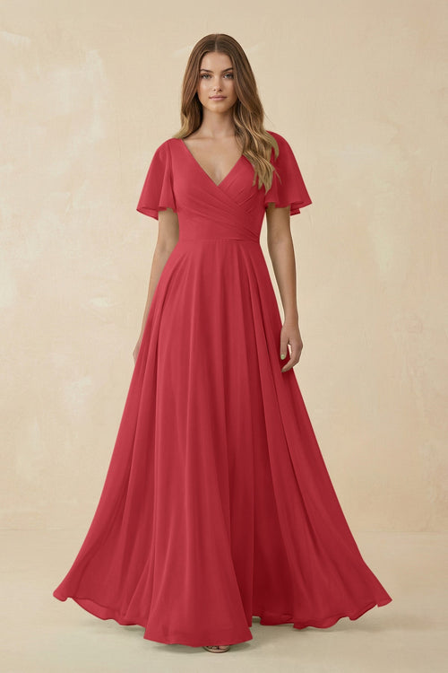 Flutter Sleeve V - Neck Chiffon A - Line Bridesmaid Dress in Merlot - SHE IS ME Bridesmaid Dresses