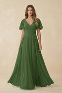 Flutter Sleeve V - Neck Chiffon A - Line Bridesmaid Dress in Moss - SHE IS ME Bridesmaid Dresses