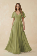 Flutter Sleeve V - Neck Chiffon A - Line Bridesmaid Dress in Moss Green - SHE IS ME Bridesmaid Dresses