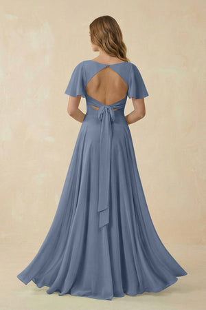 Flutter Sleeve V - Neck Chiffon A - Line Bridesmaid Dress in Neptune - SHE IS ME Bridesmaid Dresses