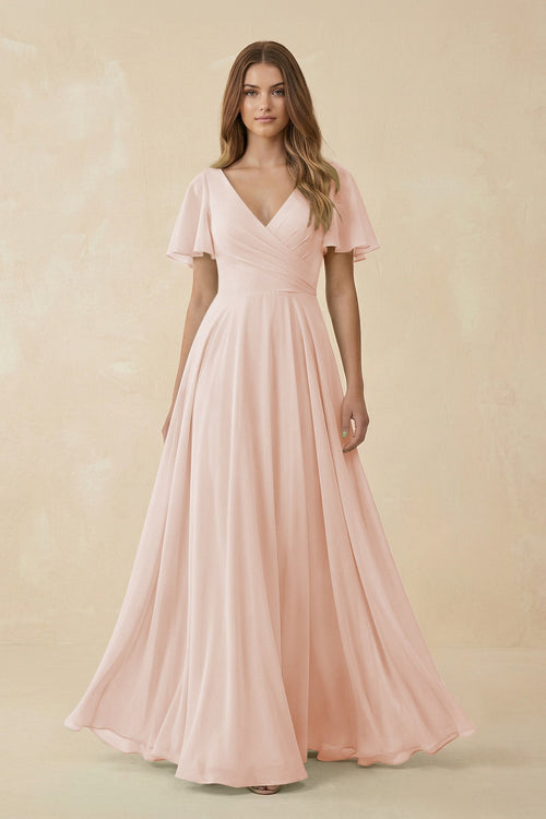 Flutter Sleeve V - Neck Chiffon A - Line Bridesmaid Dress in Pale Blush - SHE IS ME Bridesmaid Dresses