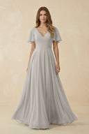 Flutter Sleeve V - Neck Chiffon A - Line Bridesmaid Dress in Silver - SHE IS ME Bridesmaid Dresses