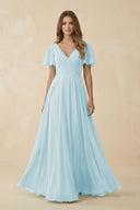 Flutter Sleeve V - Neck Chiffon A - Line Bridesmaid Dress in Sky Blue - SHE IS ME Bridesmaid Dresses