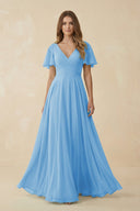 Flutter Sleeve V - Neck Chiffon A - Line Bridesmaid Dress in Steel Blue - SHE IS ME Bridesmaid Dresses