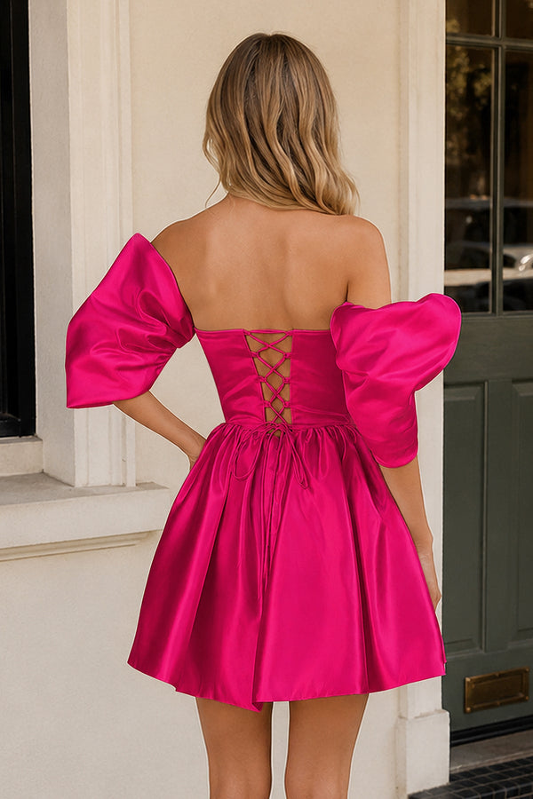 Fuchsia A Line Satin Square Neck Puffed Sleeves Short Homecoming Dresses - SHEISME