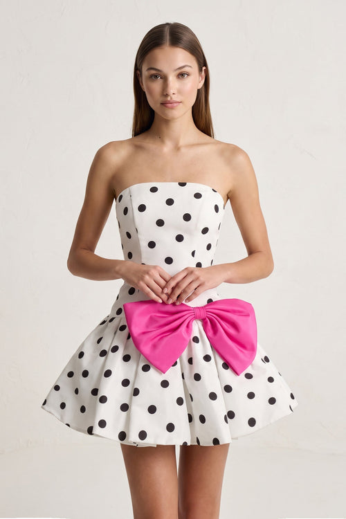 White Bowknot A-Line Strapless Polka Dots Satin Homecoming Dress | SHEISME